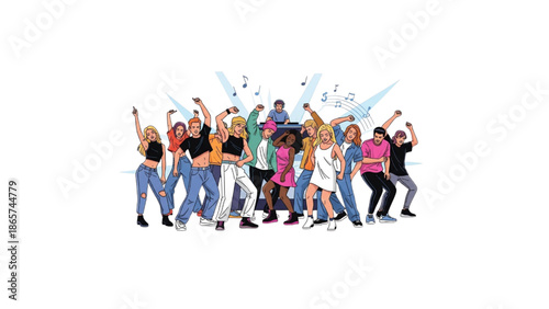 crowd of young people dancing at a party with dj 
