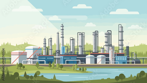 Industrial Landscape: An illustration of a modern industrial plant dominates a scenic landscape. The image reflects industrial might meeting environmental consciousness.