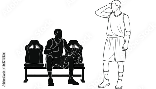 A basketball player stands on the sidelines in silhouette mode looking concerned