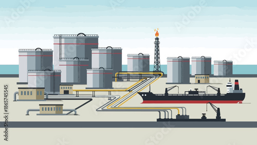 Energy Hub:  Industrial landscape depicting a well-organized oil terminal, featuring towering storage tanks, a ship, a structured network of pipelines.