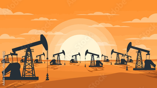Oil Extraction Silhouette: Oil rigs stand silhouetted against a radiant sunset, embodying the core of the petroleum industry's energy exploration and production.