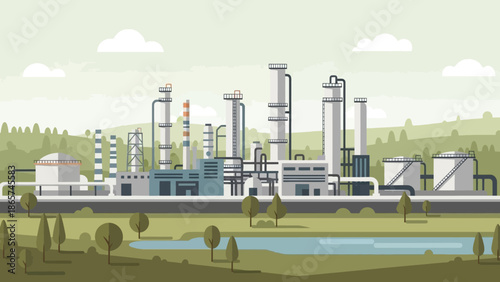 Industrial Complex: An eye-level illustration showcases a modern industrial plant, its intricate network of buildings and infrastructure, set against a backdrop of a clear sky and distant trees.
