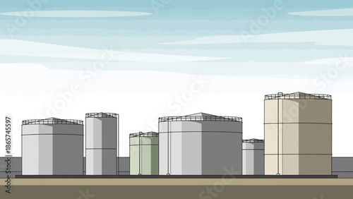 Industrial Storage Tanks Under the Sky: A visual representation of several industrial storage tanks. These massive structures, stand tall under a serene blue sky.