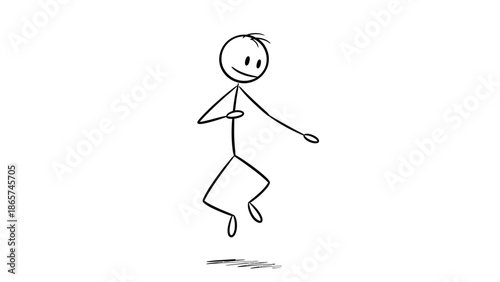 Happy Stickman Jumping Joyfully in the Air with a Big Smile on an Isolated White Background
