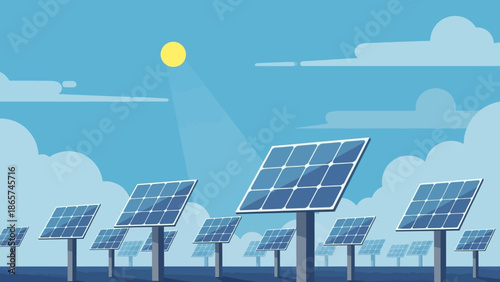 Solar Energy Array: A futuristic depiction of solar panels under a clear sky and bright sun, conveying the power of renewable energy and sustainable development.