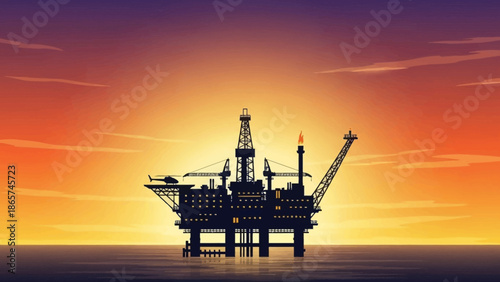 Offshore Oil Rig at Sunset: The silhouette of a massive oil rig stands tall against a vibrant sunset sky, as the platform drills into the deep ocean. It symbolizes the energy, resource, and industry