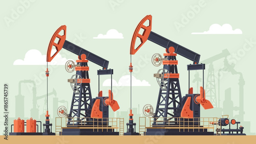 Industrial Extraction: A stylized depiction of oil pumps tirelessly extracting resources from the earth, symbolizing industry. 