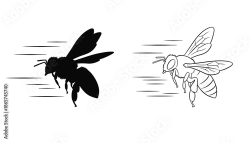 A black and white illustration of a flying bee in silhouette mode