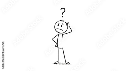 Confused stick figure man scratching his head with a question mark, indicating uncertainty, isolated white background