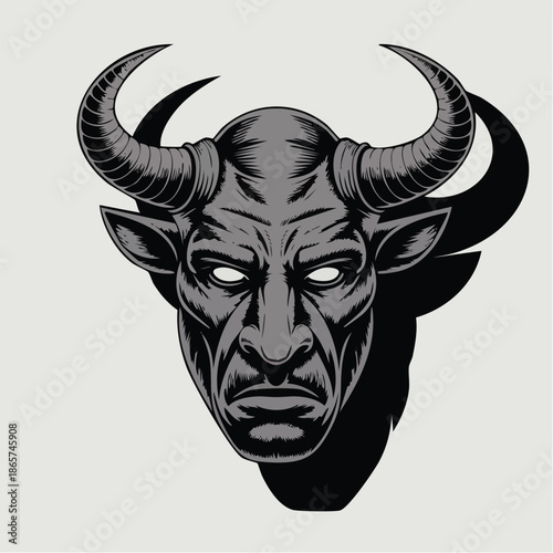 Demon head illustration with curved horns.