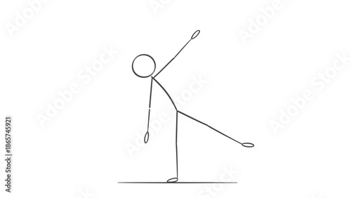 Stick figure man performing a balancing yoga pose, standing on one leg with arms out in a bright studio
