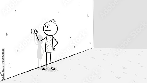 Stick figure man standing in a corner facing the wall, possibly indicating punishment, shame, or being shy, on a light grey textured background.