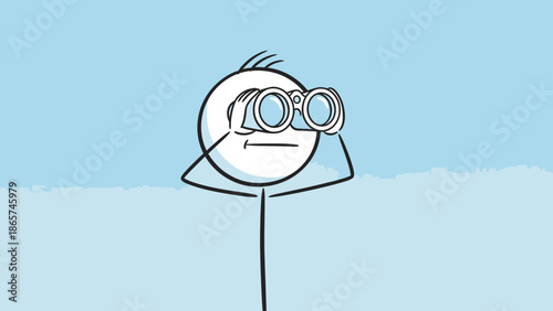 Stick figure man looking through binoculars, actively observing and searching, against a light blue sky background.