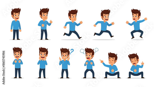 Professional vector illustration set of a cartoon male character showing various poses and emotions like happy, sad, running, or thinking on a white backdrop