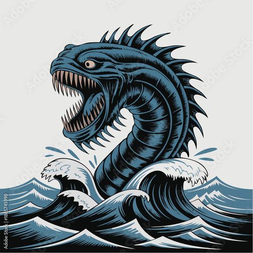 Dragon head rising from turbulent waves illustration.