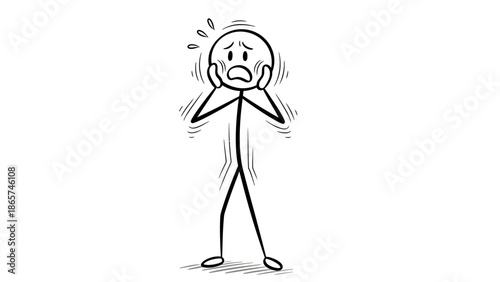 Scared and surprised stick figure character with hands near face, expressing shock or anxiety on an isolated white background.