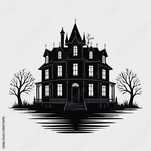 Haunted Mansion Silhouette At Night Under Moonlight.