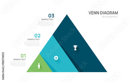 Venn diagram business infographic pyramid chart template 3 steps options, presentation with triangle elements vector illustration.