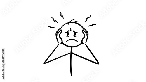 Worried and stressed stick figure character holding head with hands experiencing a headache on an isolated white background.
