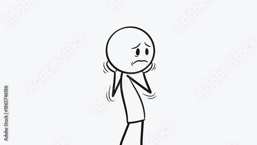 Distressed stick figure character covering ears due to loud noise on an isolated white background.