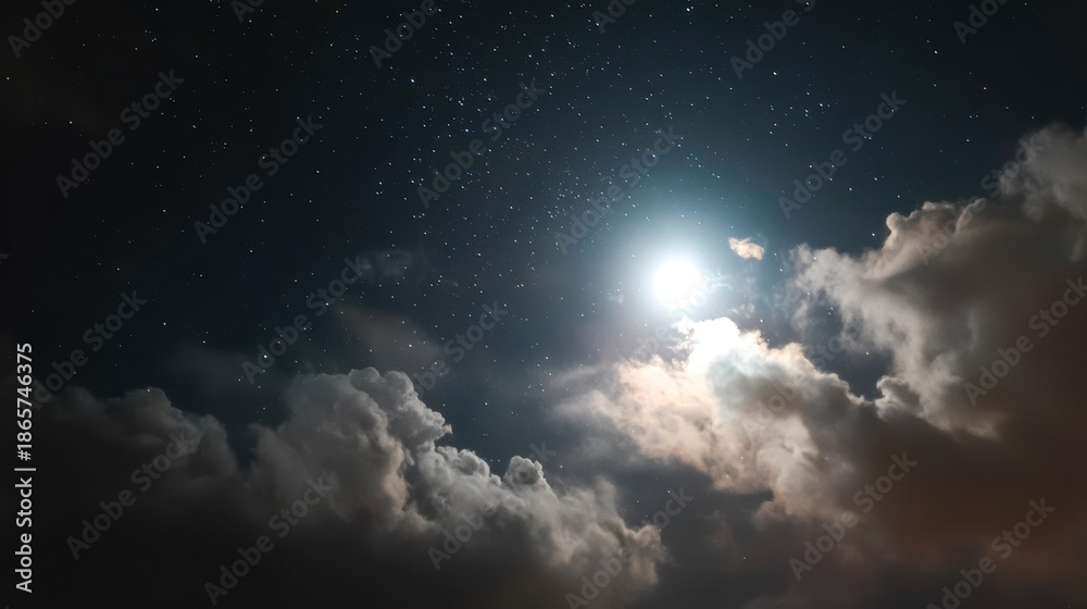 Obraz premium A luminous celestial body glows brightly, veiled by dark clouds, set against a twinkling, starry expanse. A dramatic nighttime sky