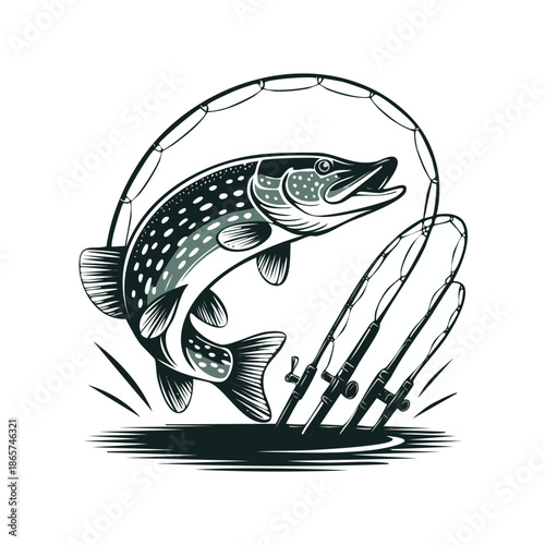 Illustration of a jumping fish in a fishing scene.