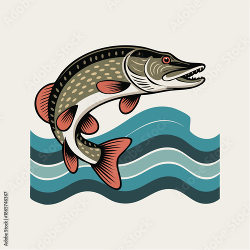 Illustration of a leaping fish over stylized waves.