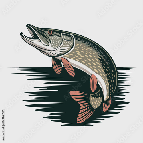 Leaping Pike Illustration Over Water Edge.