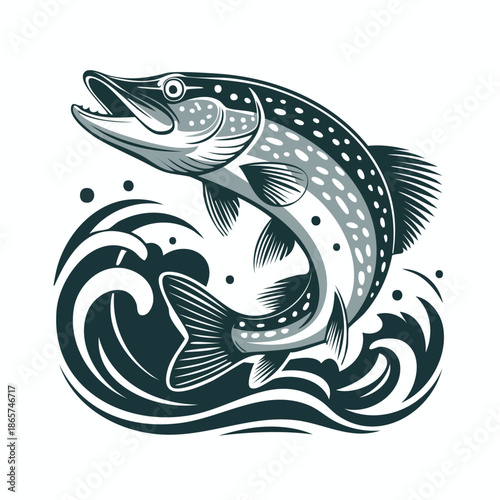 Majestic jumping fish leaping through waves illustration.