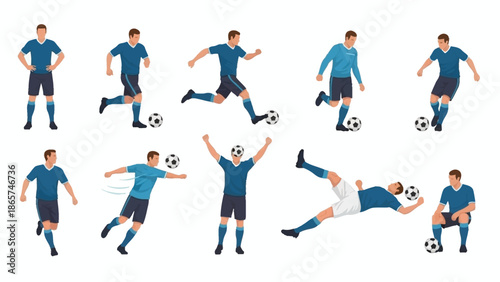 Professional set of flat vector illustrations featuring male soccer players in blue uniforms performing athletic actions like kicking, dribbling, and heading.