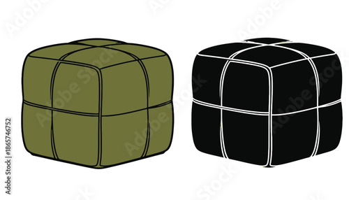 Two poufs in olive green and black with grid pattern silhouette