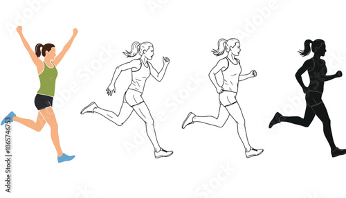 A woman in different running poses, from colorful to silhouette mode
