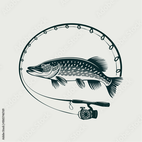 Pike Fish On Fishing Line With Rod Illustration.
