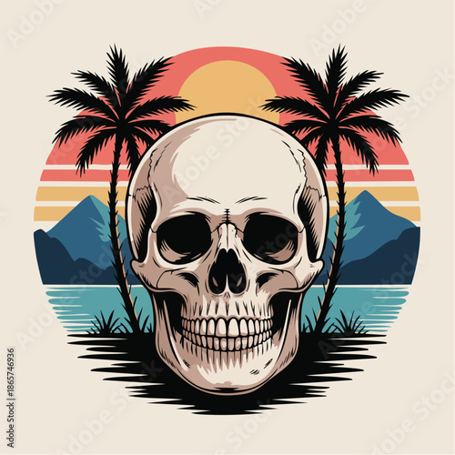 Skull centerpiece with tropical palm trees and sunset.