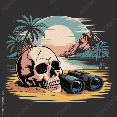 Skull Close Up as Central Subject with Binoculars on Beach.