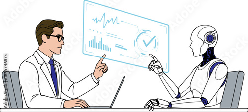 AI and Business Team Meeting with Virtual Touch Screen Data Interface Illustration