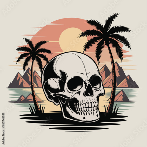 Skull Illustration Amid Sunset Palm Trees.