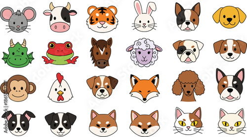 Set of cute cartoon animal head avatars including dog breeds, cat faces, farm animals, and wild creatures in flat vector line art style.