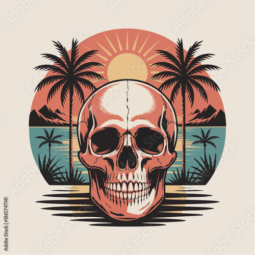 Skull with Headphones Portrait Against Tropical Sunset.