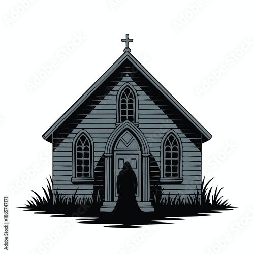 Small church building silhouette with cross and kneeling figure.