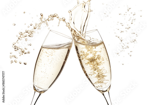 Two champagne glasses toasting with a splash of bubbly, isolated on transparent background