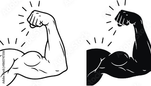 A muscular arm flexing its bicep in silhouette and line art style