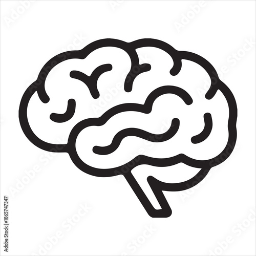Black and white outline of a human brain with detailed gyri and sulci