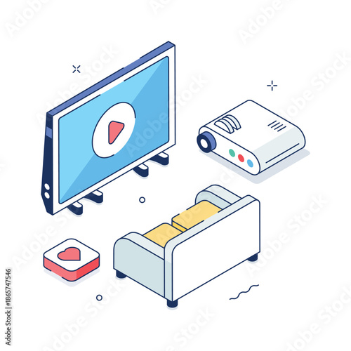 Stylish isometric illustration of valentines day movie night romantic concept