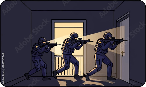 Elite team advances cautiously through a dark interior, weapons ready