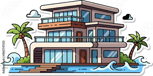 A multi-story modern house with balconies sits on water with palm trees