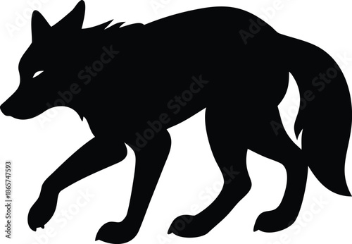 A striking vector illustration depicts a prowling wolf in grayscale tones