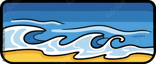 Stylized waves roll onto a sandy beach under a bright blue sky