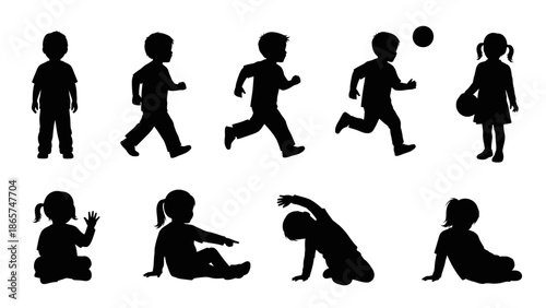 Collection of Black Silhouettes of Children Playing Running and Sitting. Detailed Vector Illustration Set of Boys and Girls in Active Poses for Graphic Design.