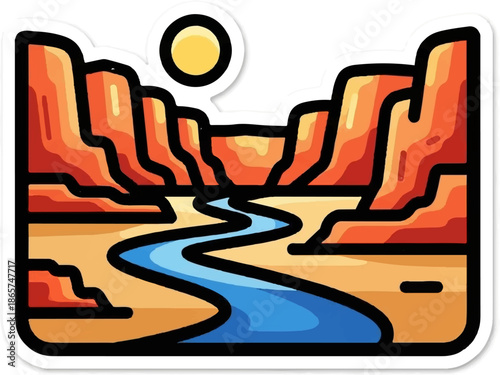 Stylized sun shines over a winding blue river between towering orange canyons